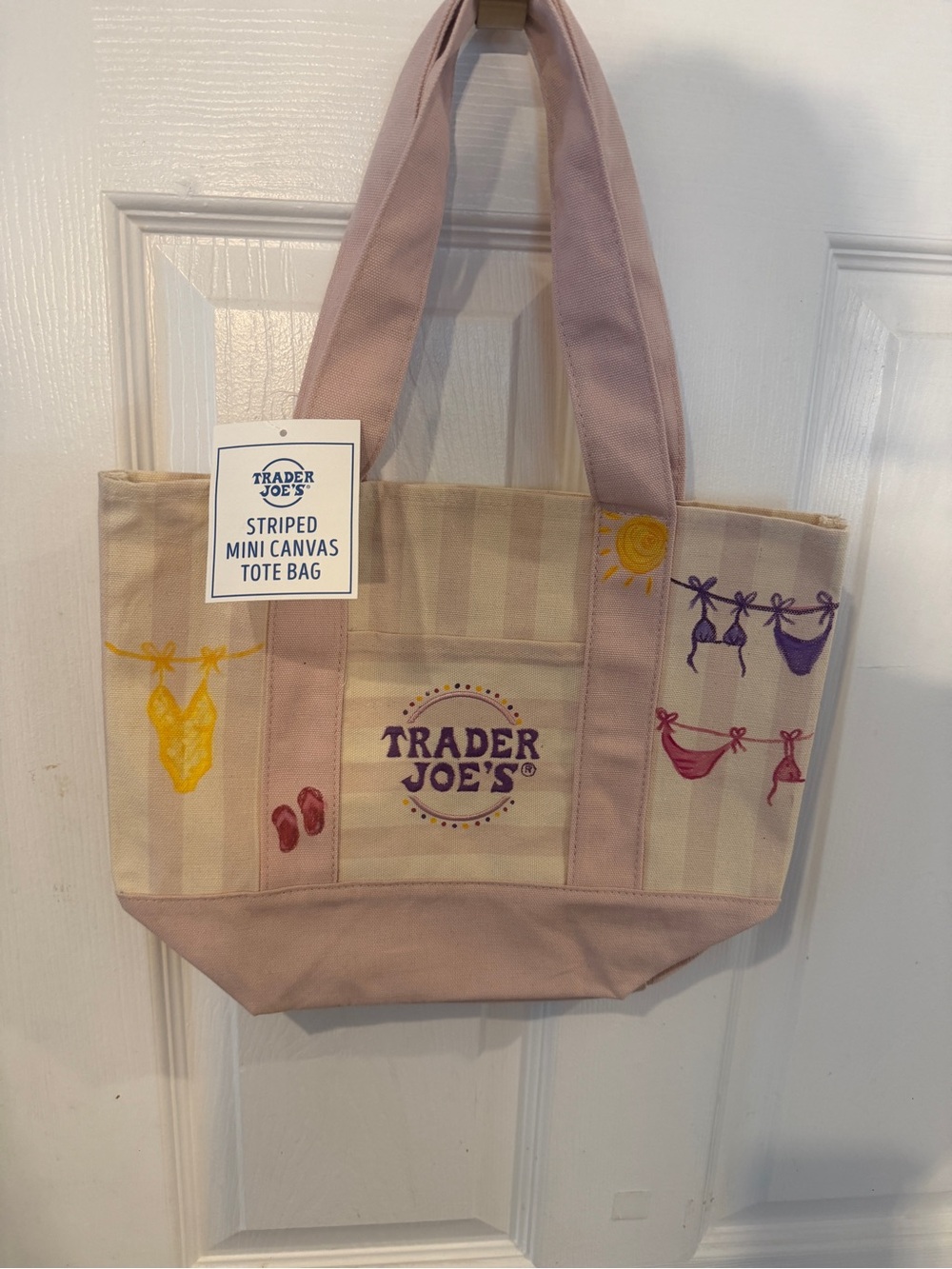Trader Joe's Pink and Cream Striped Mini Canvas Tote Bag hand painted